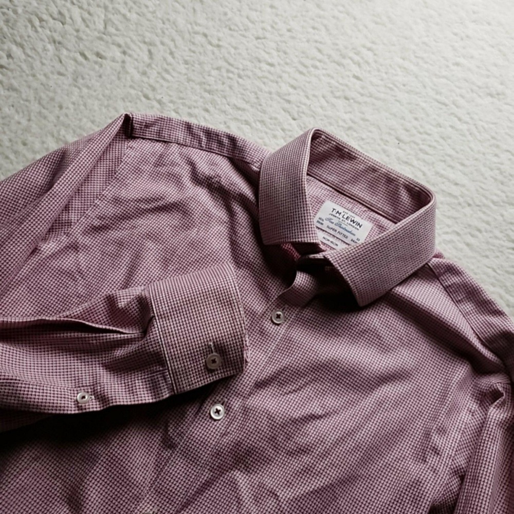 T.M.Lewin Dress Shirt Mens 15.5 32/33 Pink Check Extra Slim Non Iron‎ LS